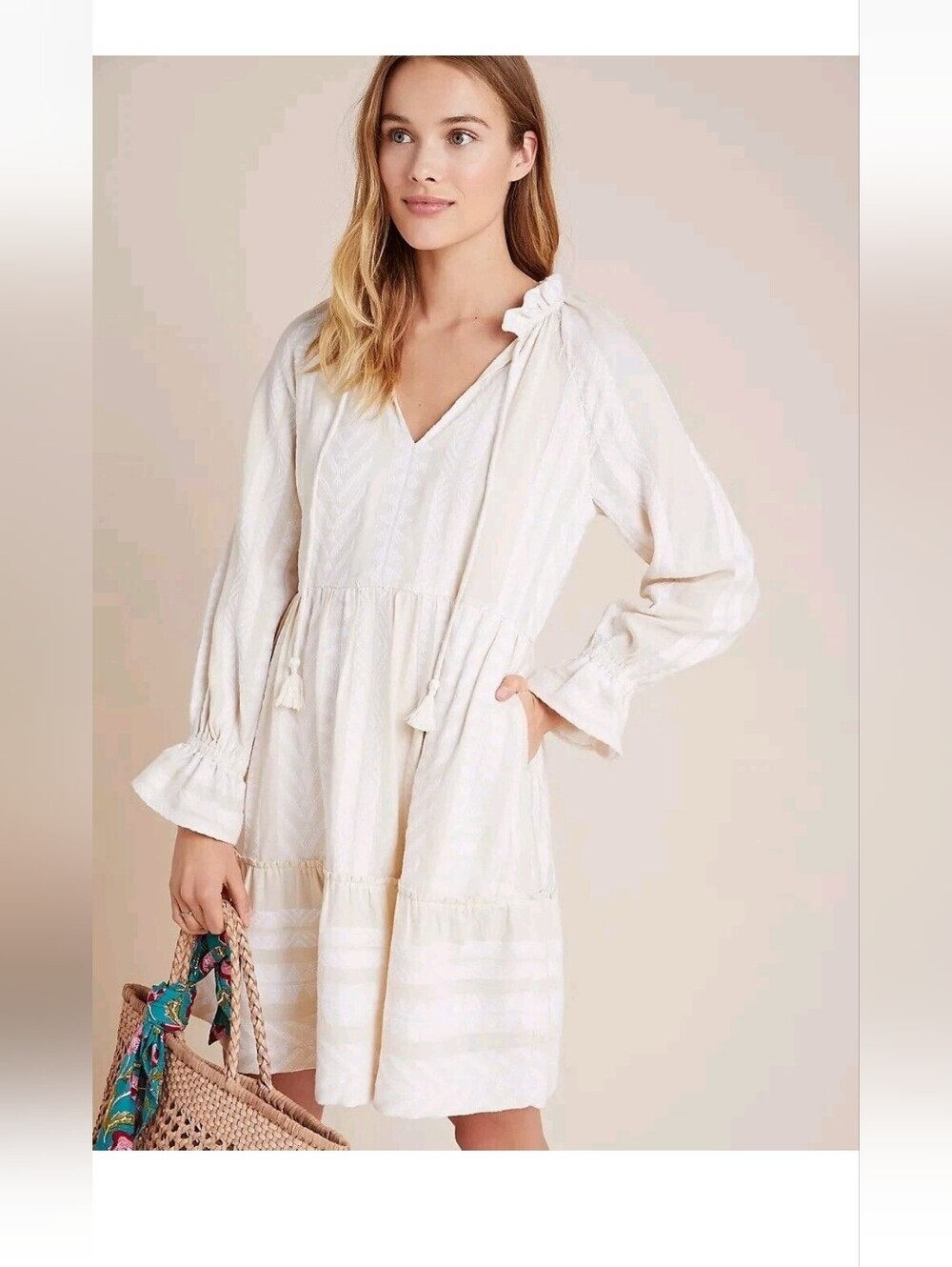 Anthropologie Maeve Cream Textured Tiered Boho Midi Dress Cottagecore